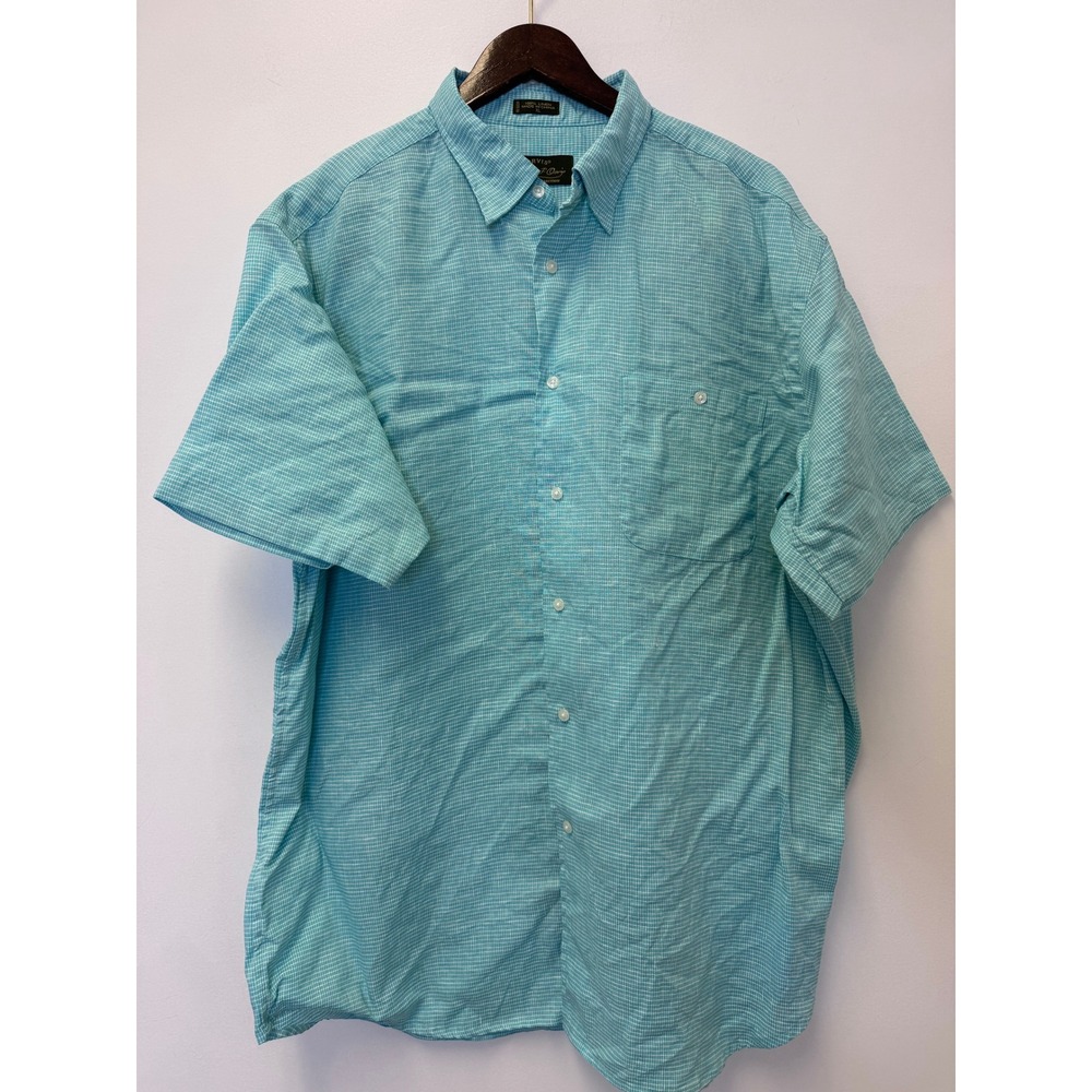 Orvis Signature Collection Mens XL Blue White Micro Check 100% Linen Shirt SS